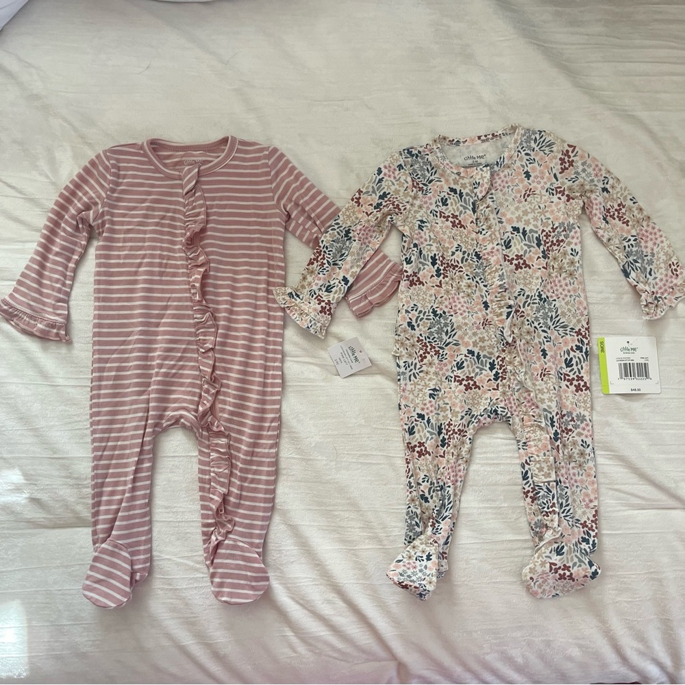 Little Me Pink Striped & Floral Footies (set of 2) ruffles size 3 months NEW